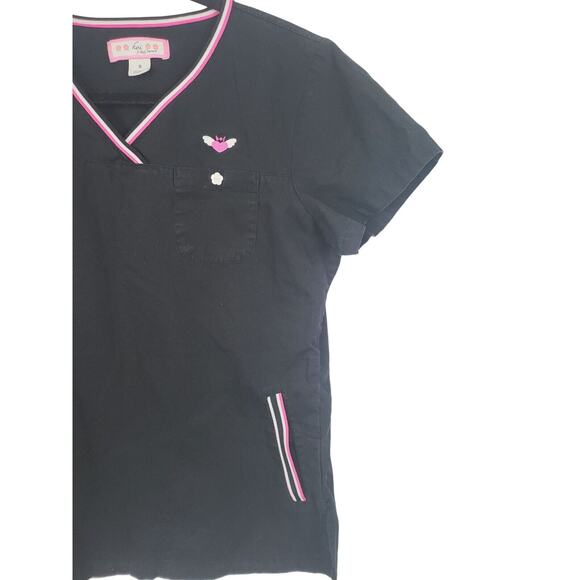 Koi Medical Scrub Top Small Womens Black Short Sleeve Pullover Pockets V Neck - Picture 2 of 6